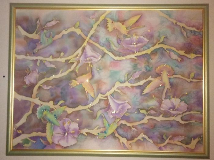 Райские птицы. Картина на шелке. Авторская работа. Лучший подарок.