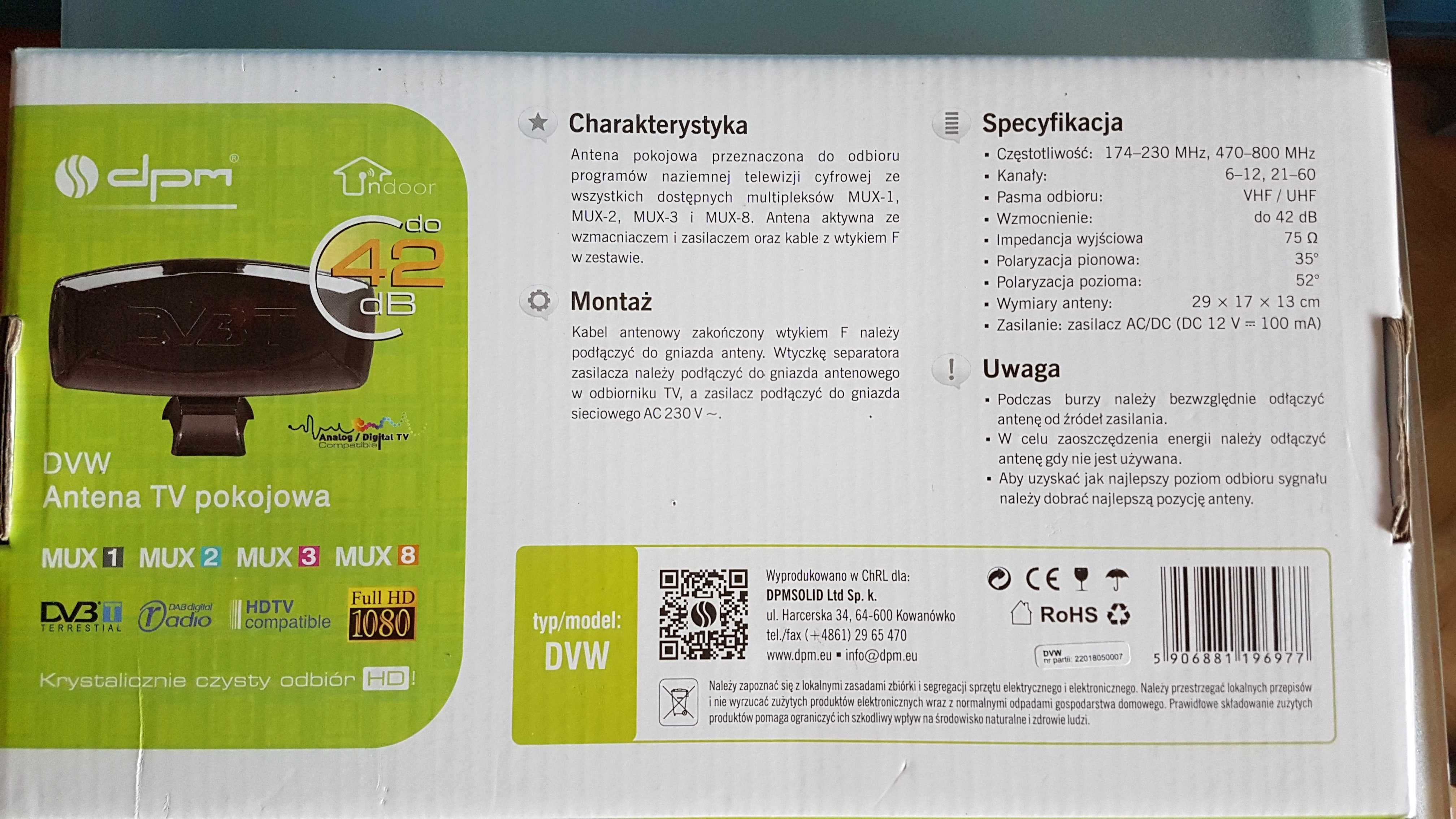 Antena pokojowa DVB-T 42db Mux1 Mux2 Mux3 Mux8 DPM Czarna
