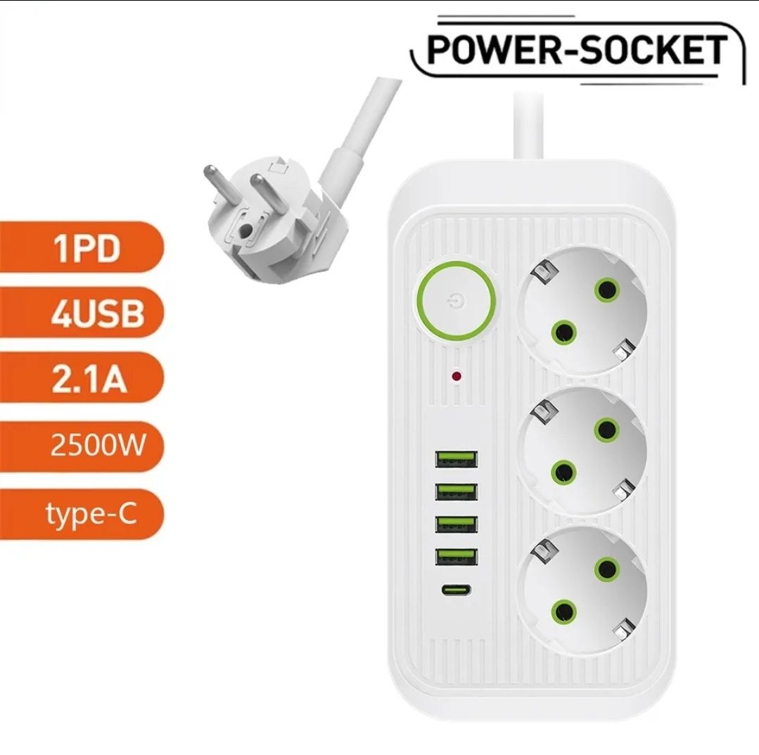 Подовжувач з USB 2 m 3 розетки