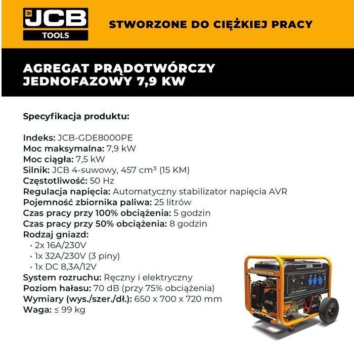 JCB Tools Agregat prądotwórczy jednofazowy 7.9kW (AVR) Generator prądu