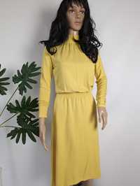 Nowa żółta sukienka odcinana w talii wiązanie na karku długi rękaw S