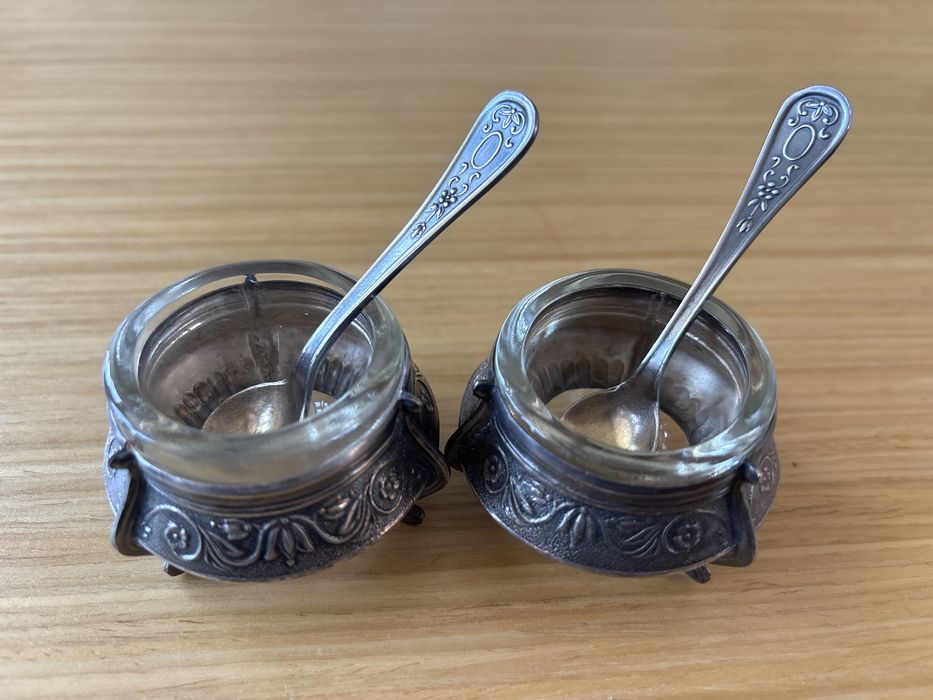 Stara posrebrzana ZSRR JUMMET solniczka z łżeczką - dwie sztuki!