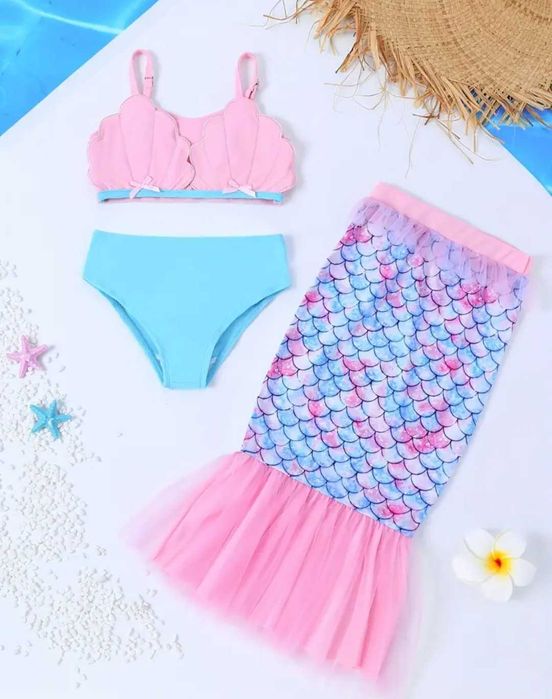 Nowy kostium zestaw 3 części Syrenka ogon, r. 116 kąpielówki basen