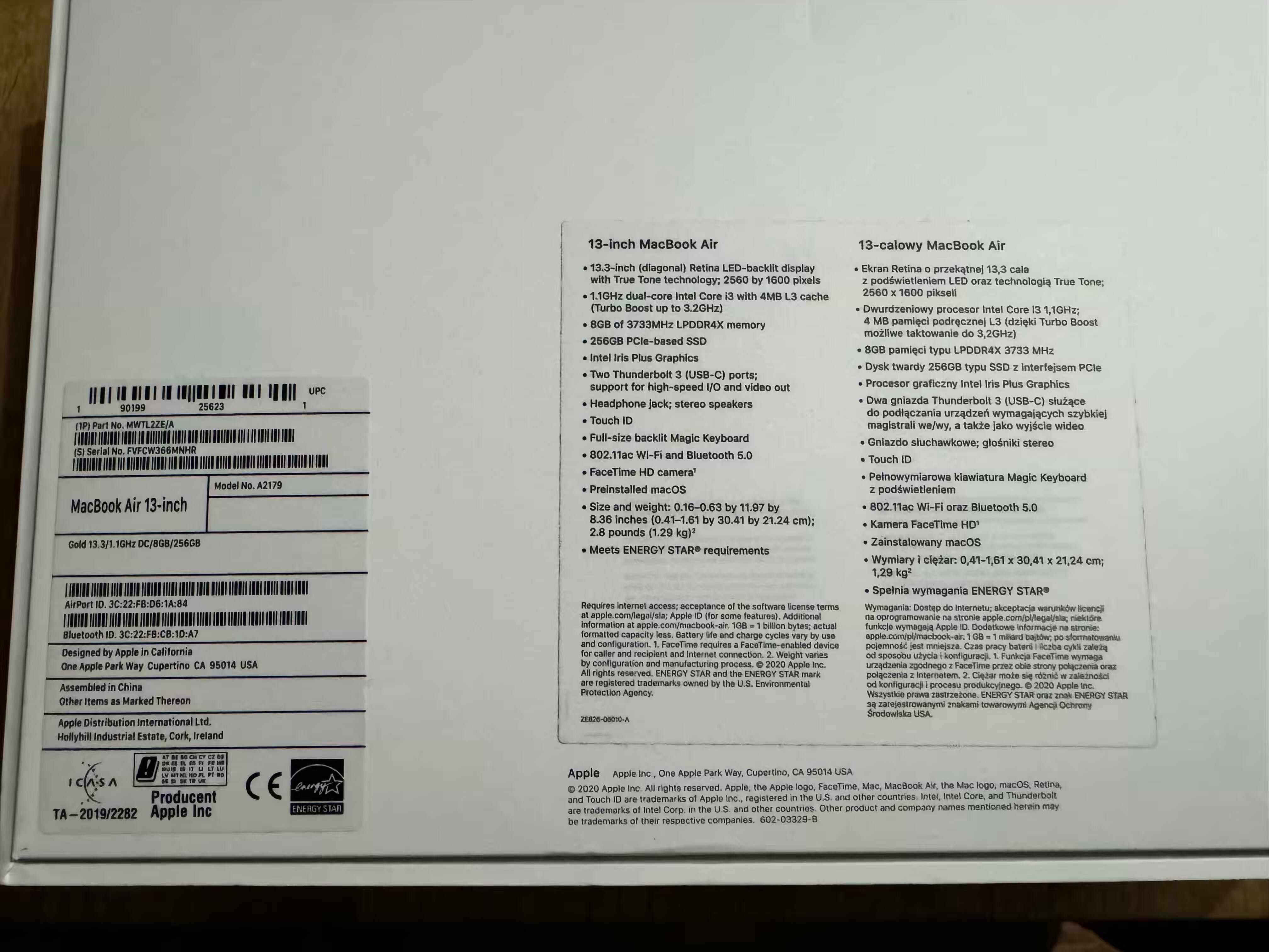 Laptop MacBook Air 2020 i3 8/256GB 13,3  i3 8 GB / 256 GB złoty
