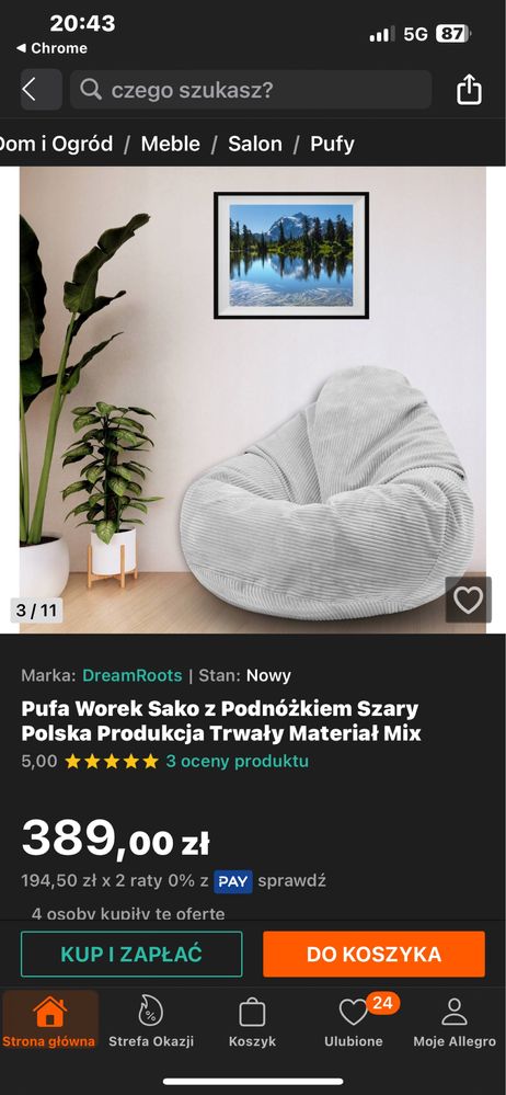 Pufa worek szara ICON nowa