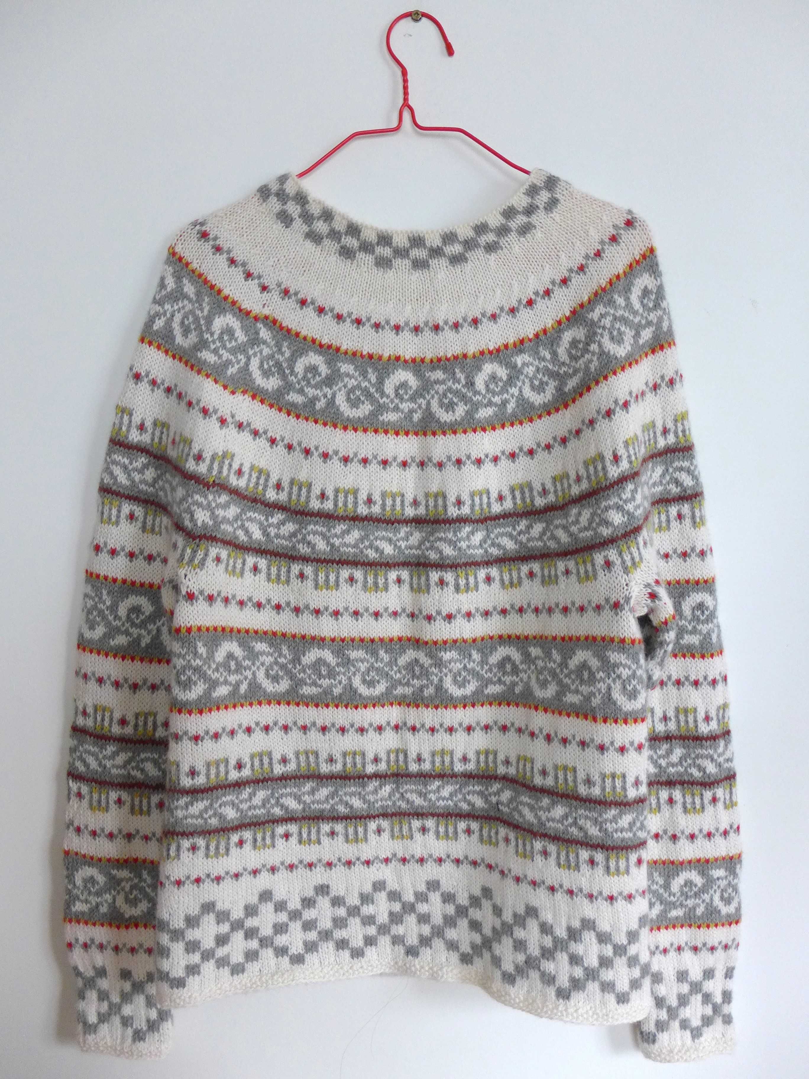 Śliczny wełniany sweter XS 34 handmade wzór norweski islandzki WEŁNA