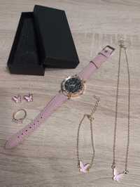 Nowy zestaw biżuteria damska zegarek kolczyki bransoletka naszyjnik
