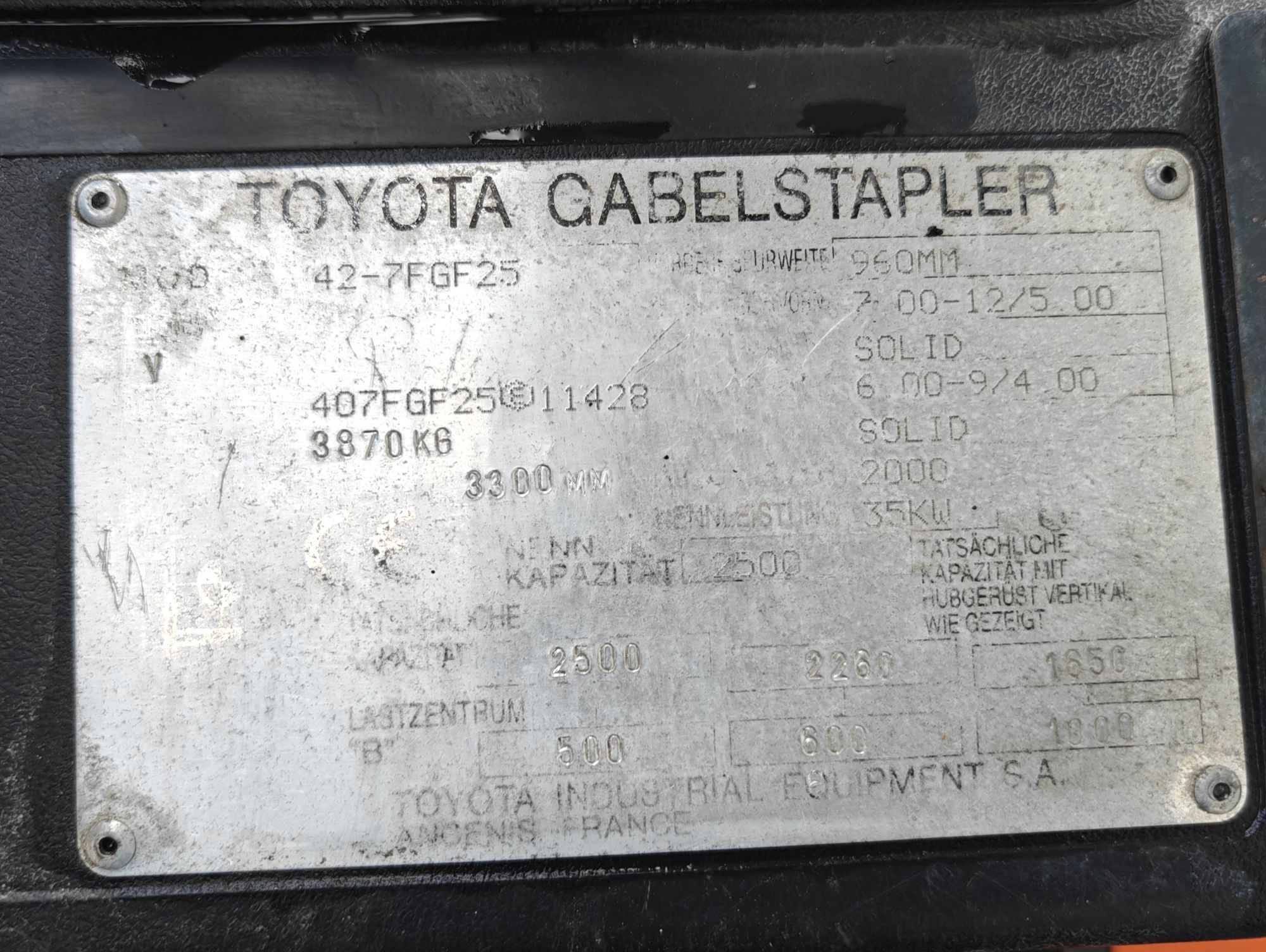 Wózek Widłowy Toyota 7FGF25 Lpg 2.5T  z Niemiec Przebieg 5100mtg