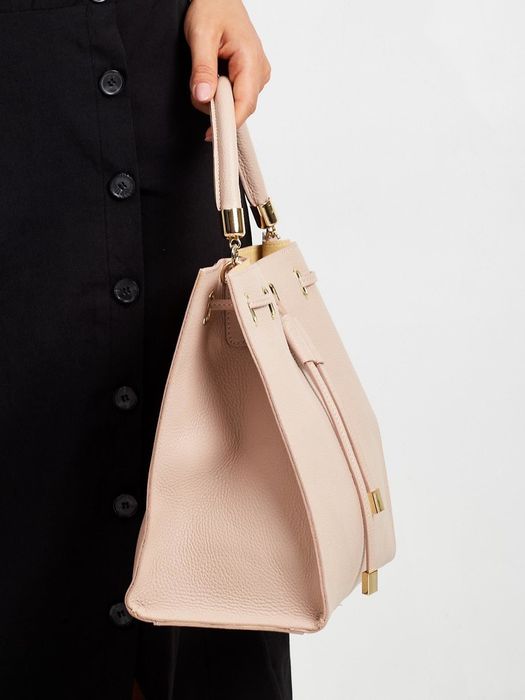 kwadratowy shopper bag ściągany troczkiem, skóra naturalna  -  rovicky