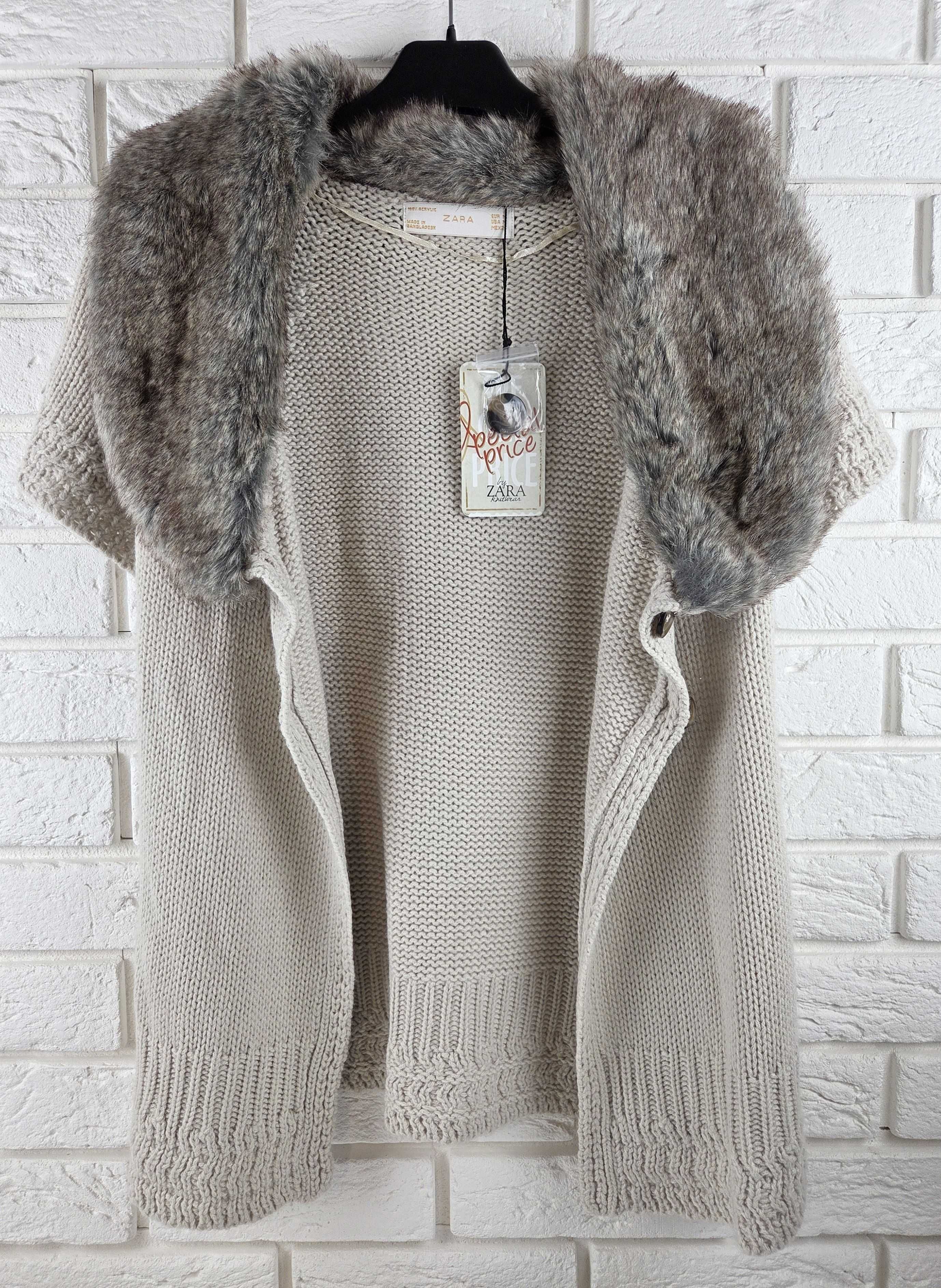 Sweter z krótkim rękawem kamizelka z futrzanym kołnierzem ZARA NOWA M