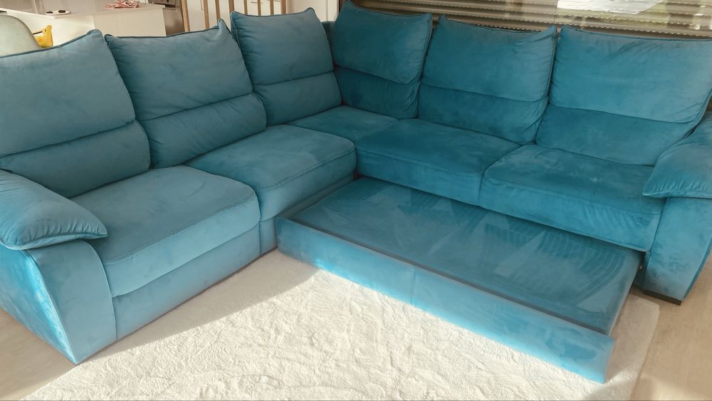 Sofá de canto azul-turquesa com chaise longue — excelente estado!