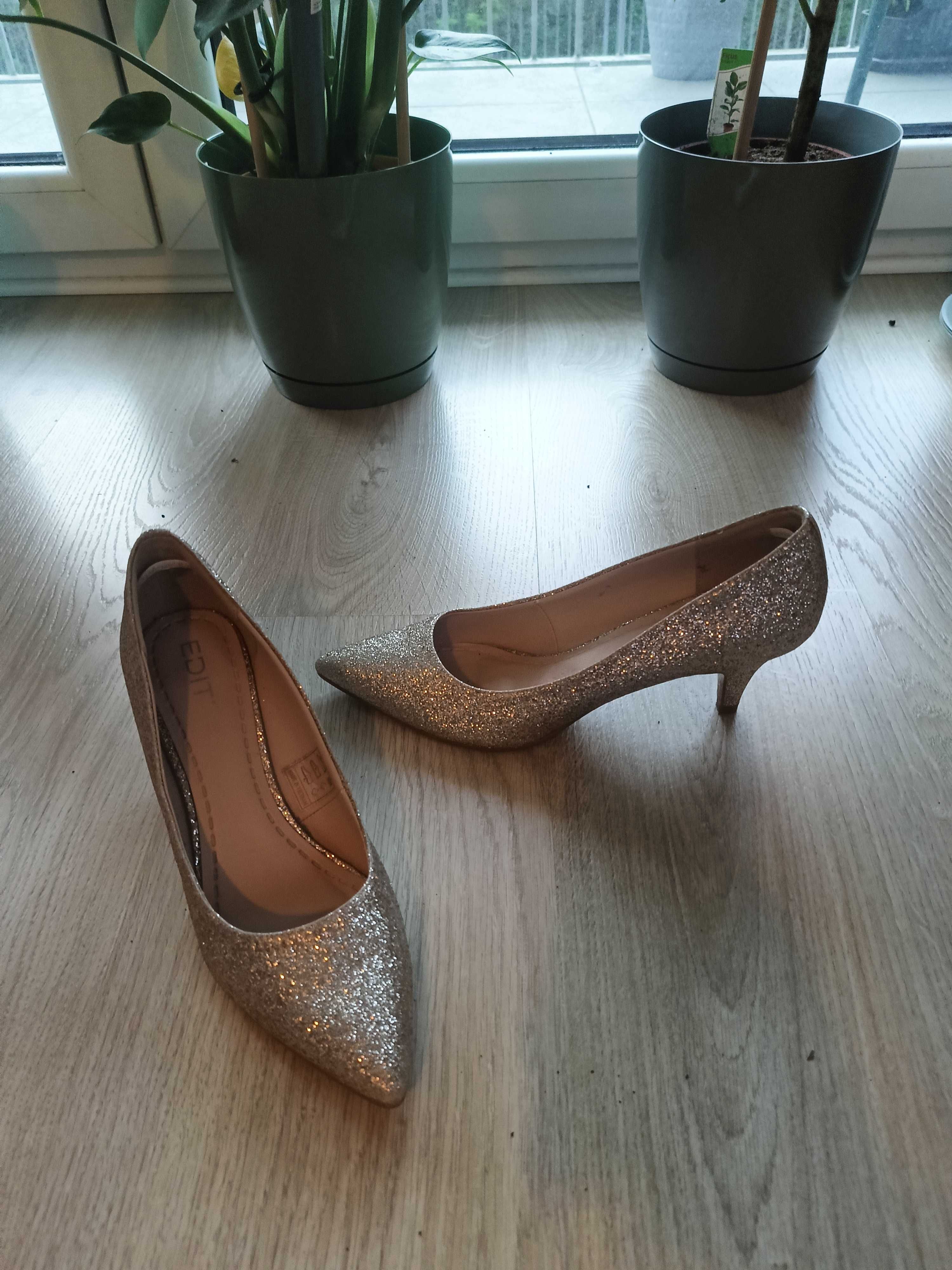 Czółenka na Niskim Obcasie SZpilki BROKATOWE Buty ZŁOTE DAMSKIE
