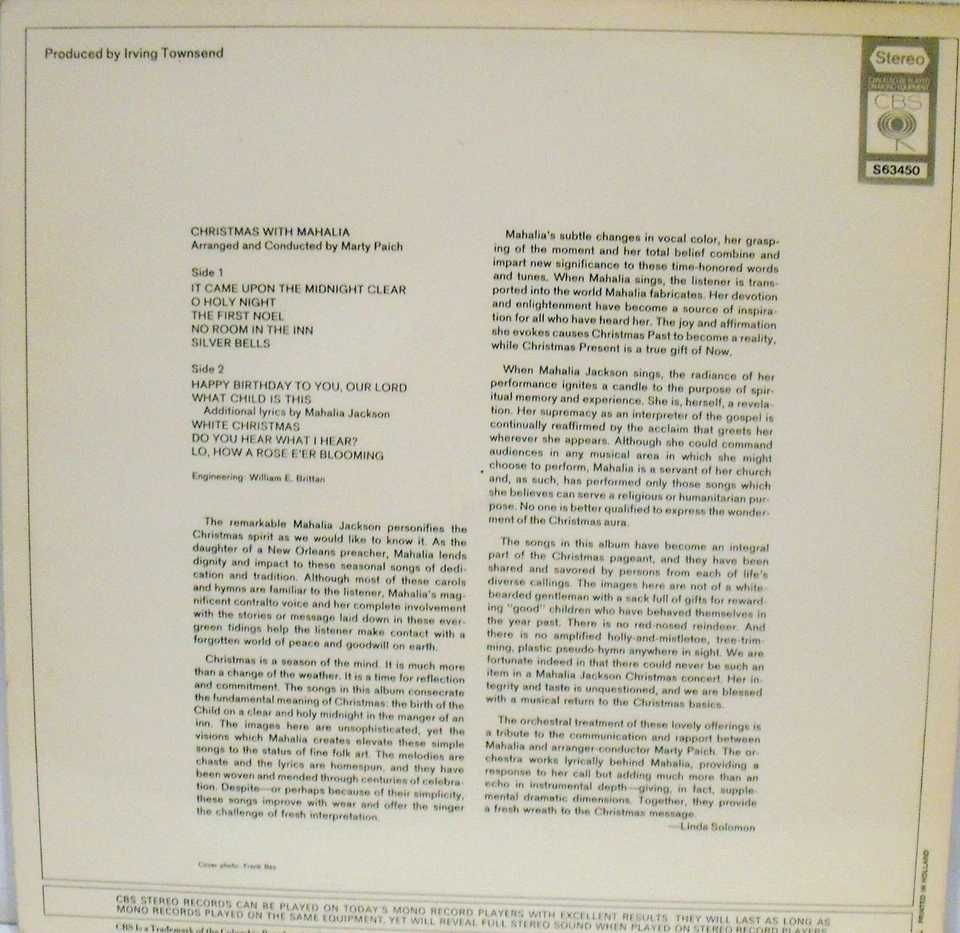 Mahalia Jackson – Christmas With Mahalia LP 1968 CBS - Holland