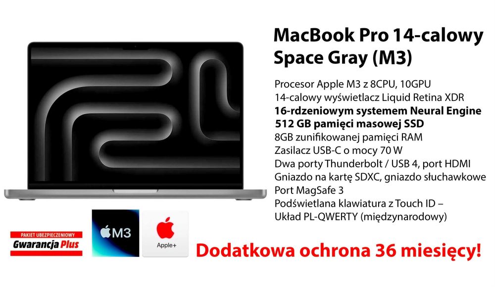 NOWY Apple MacBook Pro 14 M3 512GB 16RDZ PL Gray GW+UBEZP 3LATA! FV23%
