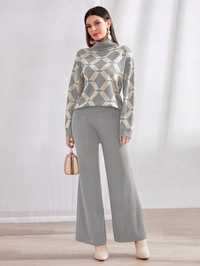 Komplet Dzianinowy W Geometryczny Wzór Sweter Z Golfem + Spodnie M 38