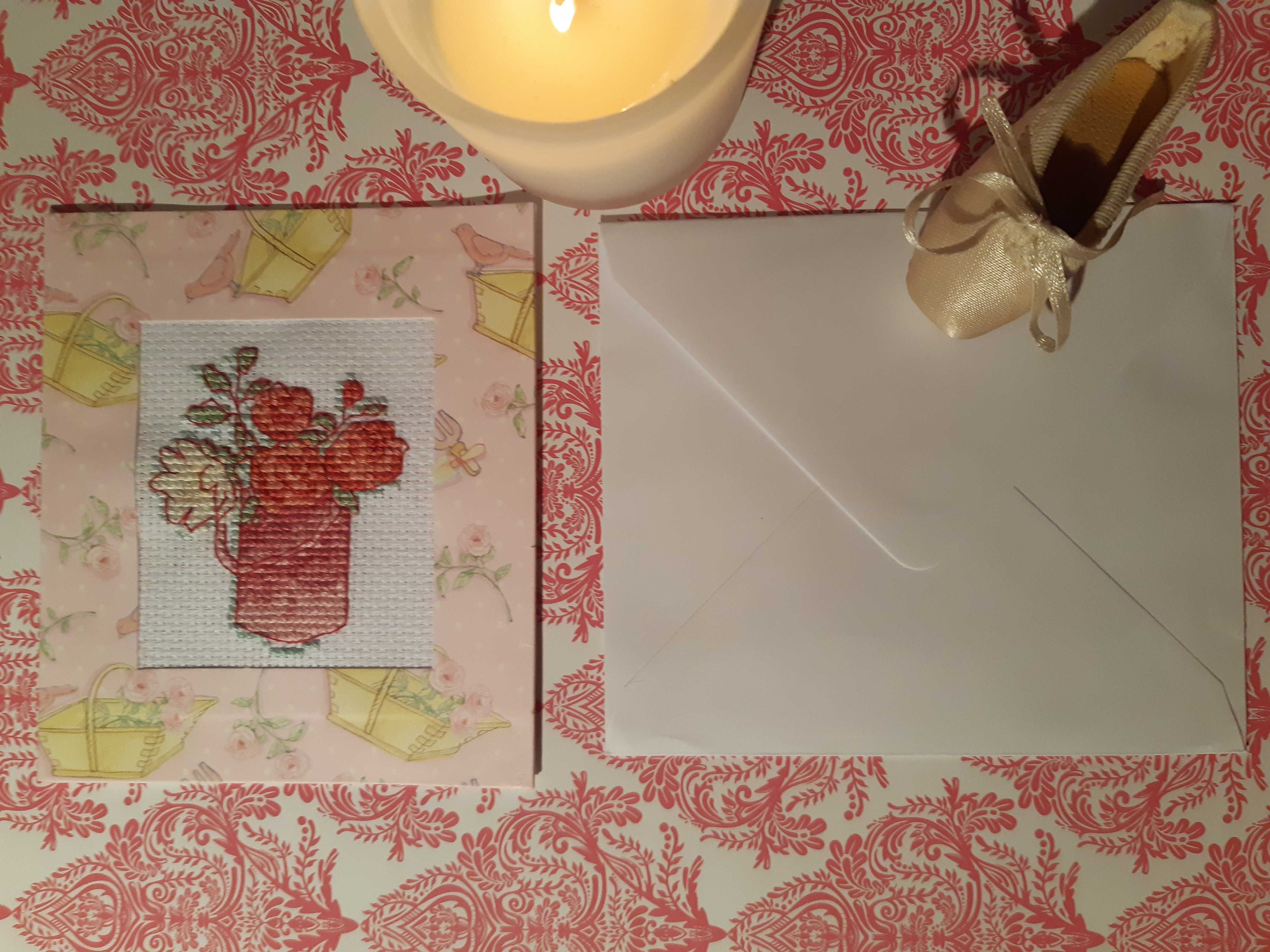 Kartka haftowana ręcznie -Romantyczne kwiaty