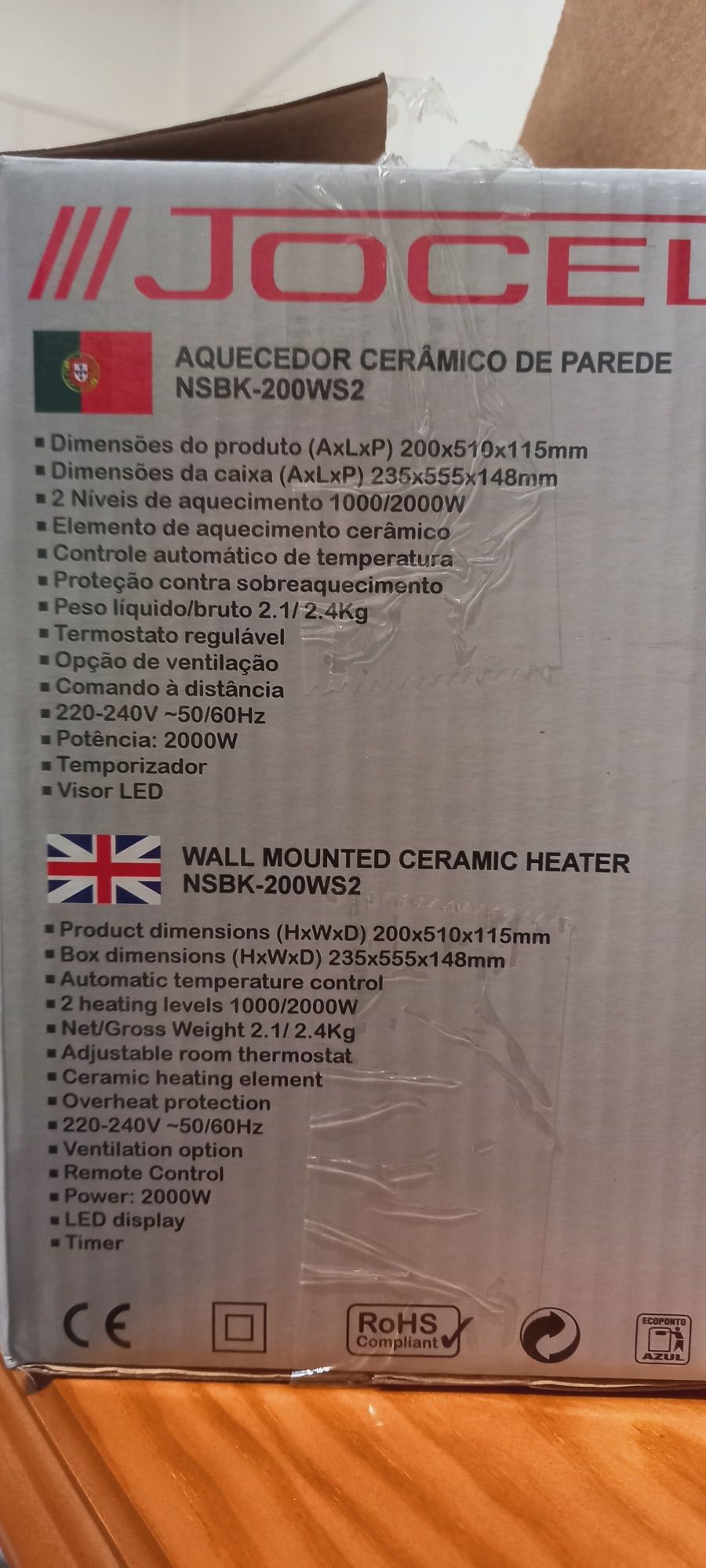 Aquecedor cerâmico de parede 2000w com comando