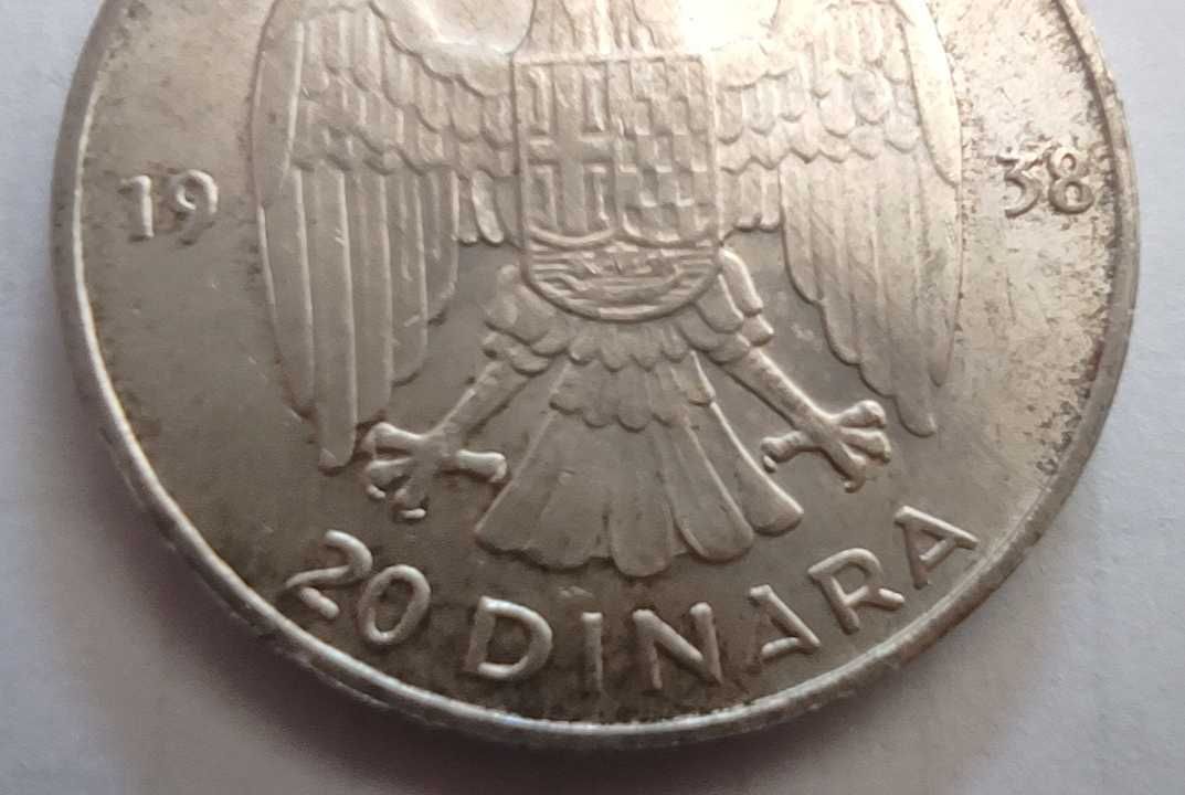 Moneta srebrna Jugosławia 20 dinarów 1938 rok srebro ag ładna