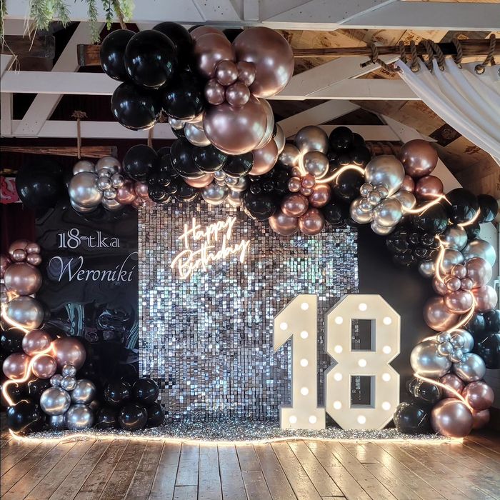 Cyfry led, neon, scianka cekinowa,fotel paw, balony