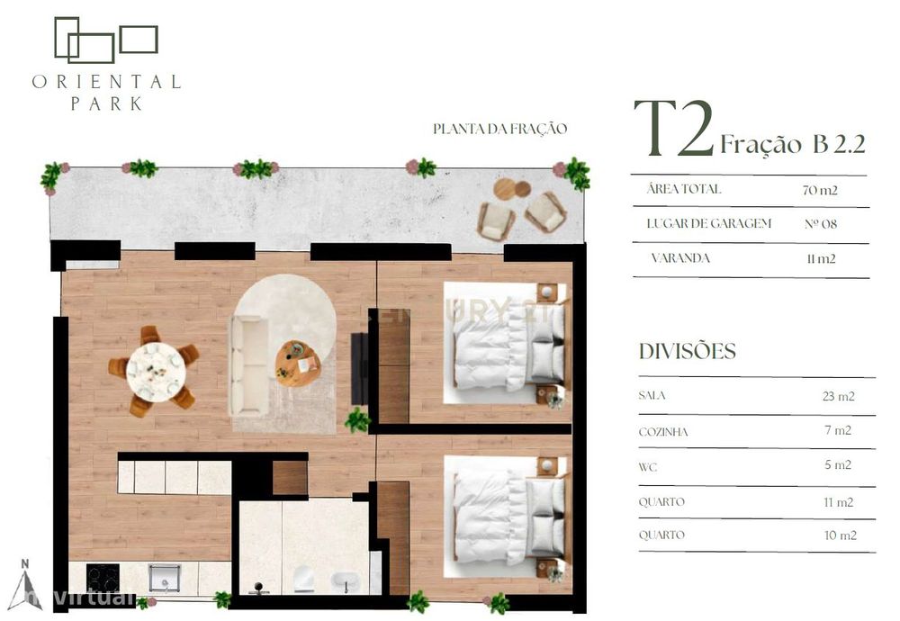 T2 com varanda e lugar de garagem no Condomínio Residencial ORIENTAL P