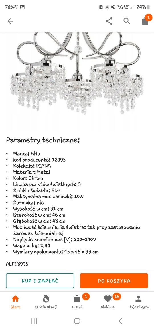 Żyrandol i kinkiety z kryształami