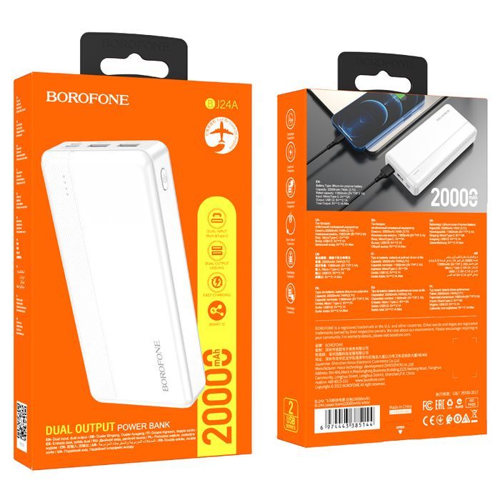 Borofone Power Bank 20000Mah Bj24A - 2Xusb - Biały