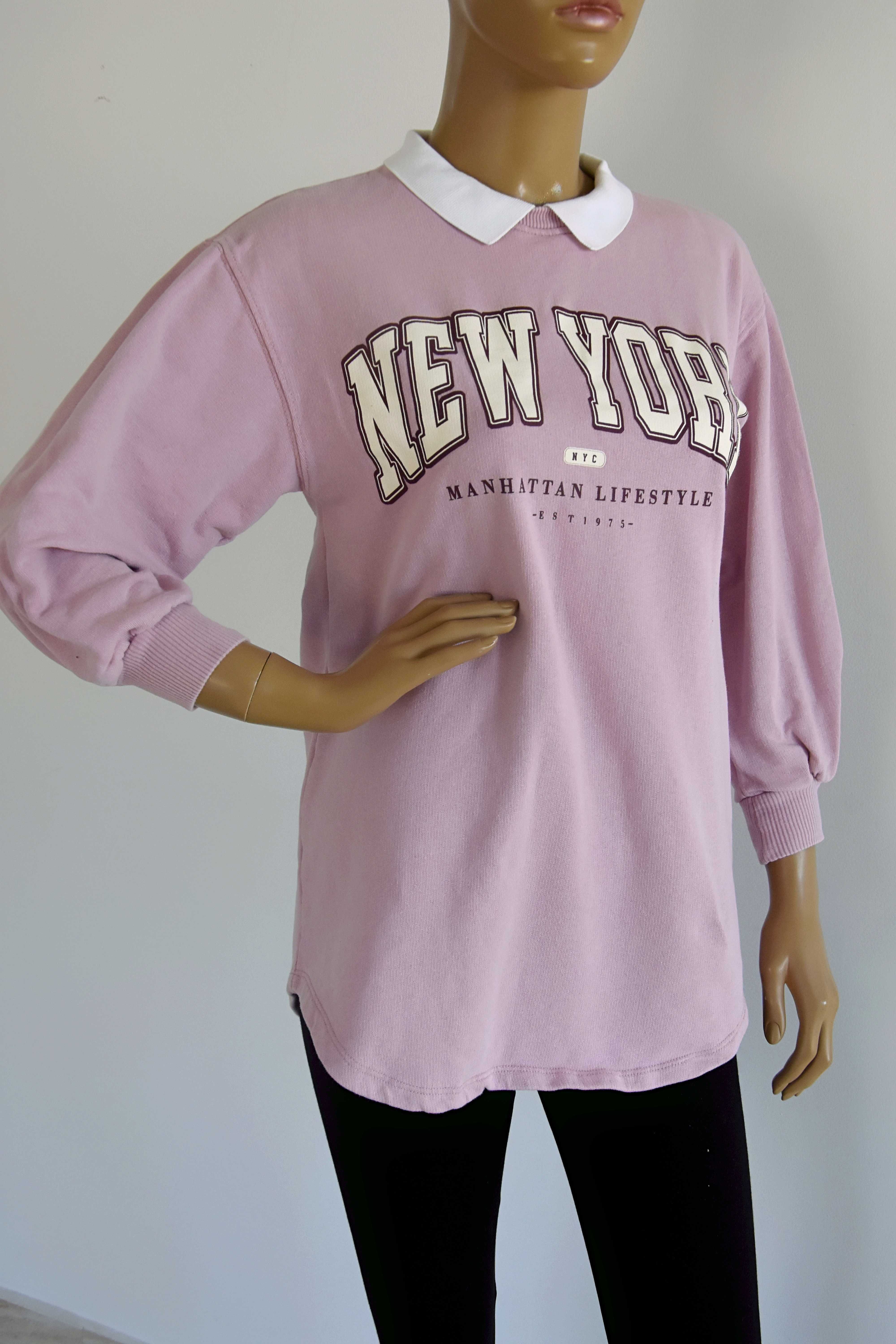 Liliowa bluza z kołnierzykiem napisem New York S 38