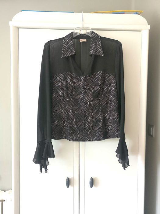 halloween elegancka czarna koszula bluzka 46XXXL z cekinami świecąca