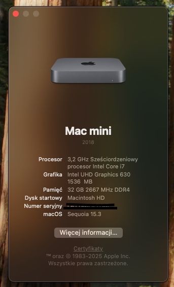 Apple Mac mini 2018, intel i7, 32GB RAM DDR4, 256GB SSD,  stan idealny