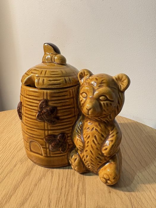 Uroczy Ceramiczny Pojemnik na Miód - Ul z Misiem - Vintage / Retro
