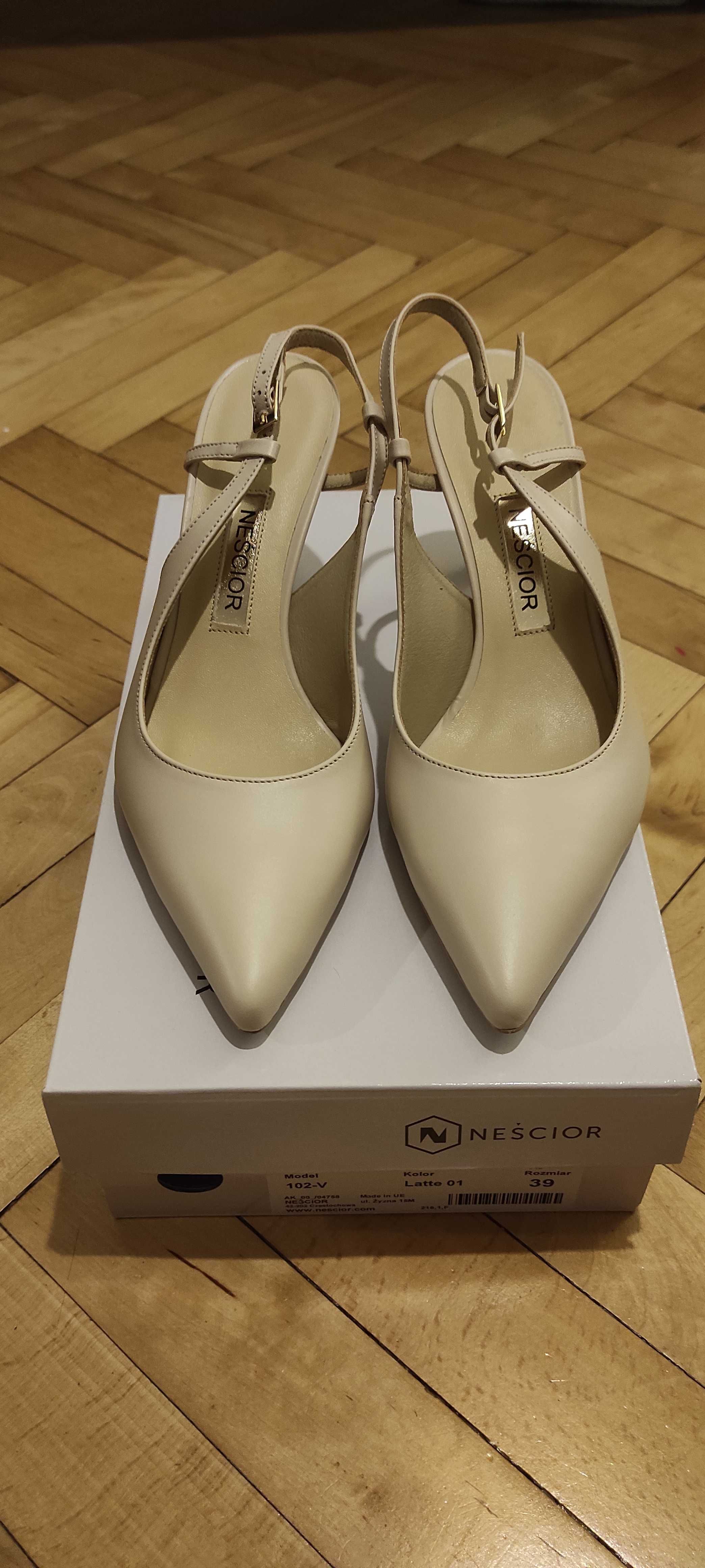 Buty skórzane Neścior czółenka z odkrytą pięta NOWE, NIEUŻYWANE