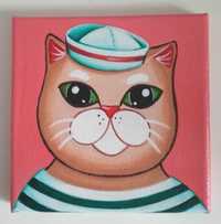 Kot Marynarz na Różowym Tle Obraz Akrylowy 15x15 cm