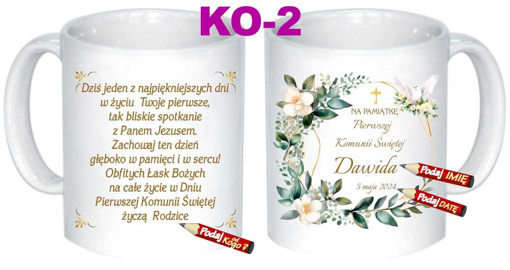 Kubek Pierwsza I Komunia Święta pamiątka imię z Imieniem WZORY