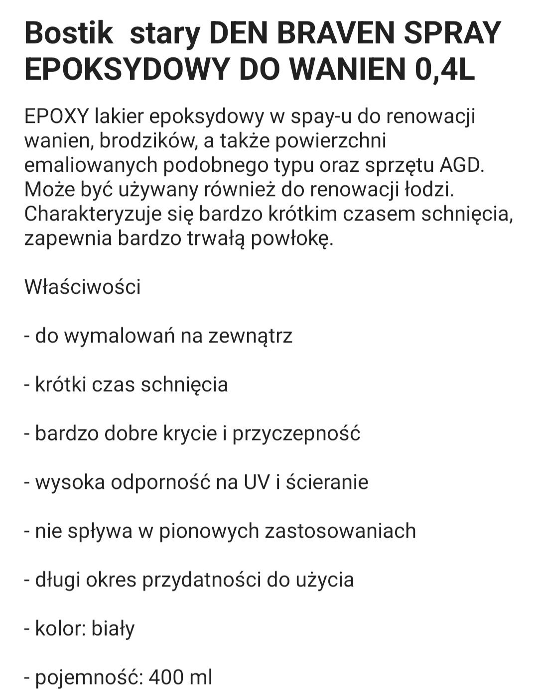 Lakier epoksydowy w spray do wanien/brodzików biały poj.800ml NOWY