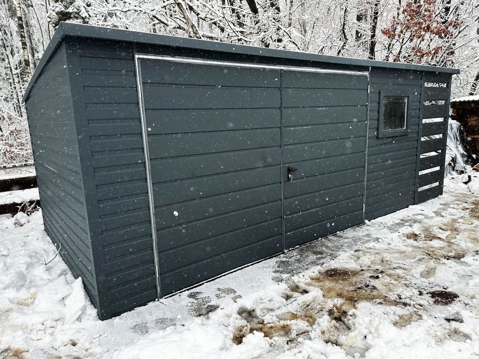 DOMEK OGRODOWY SCHOWEK Garaż 5X3 + Wiata Okno Drzwi Antracyt DG354
