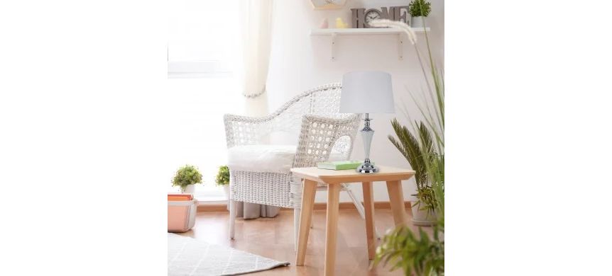 Lampa chromowana z kloszem z tkaniny