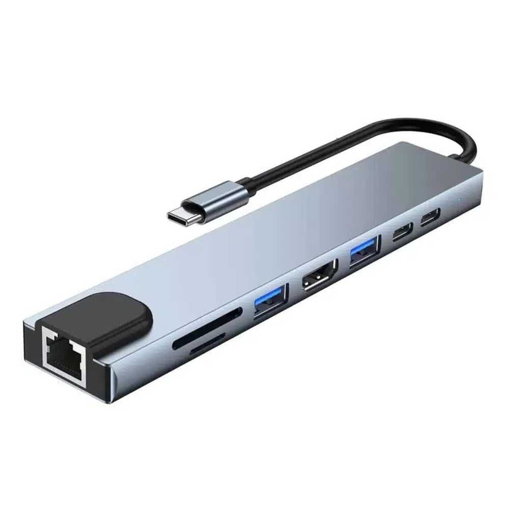 Adapter HUB 8W1 z Kablem USB C HDMI SD MicroSD USB 3.0 RJ-45 LAN