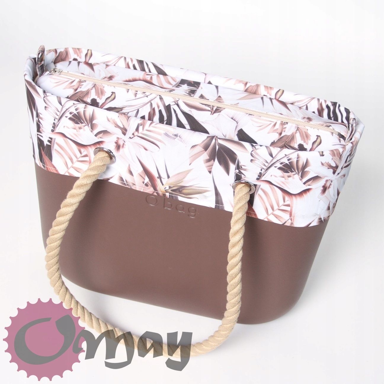 Beżowy organizer do OBAG STANDARD +OPASKA kwiaty brąz 2 kieszenie OMAY