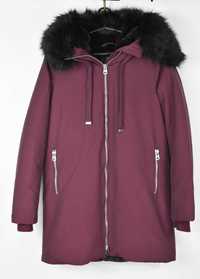 Zara bordowa kurtka parka kaptur futro XS