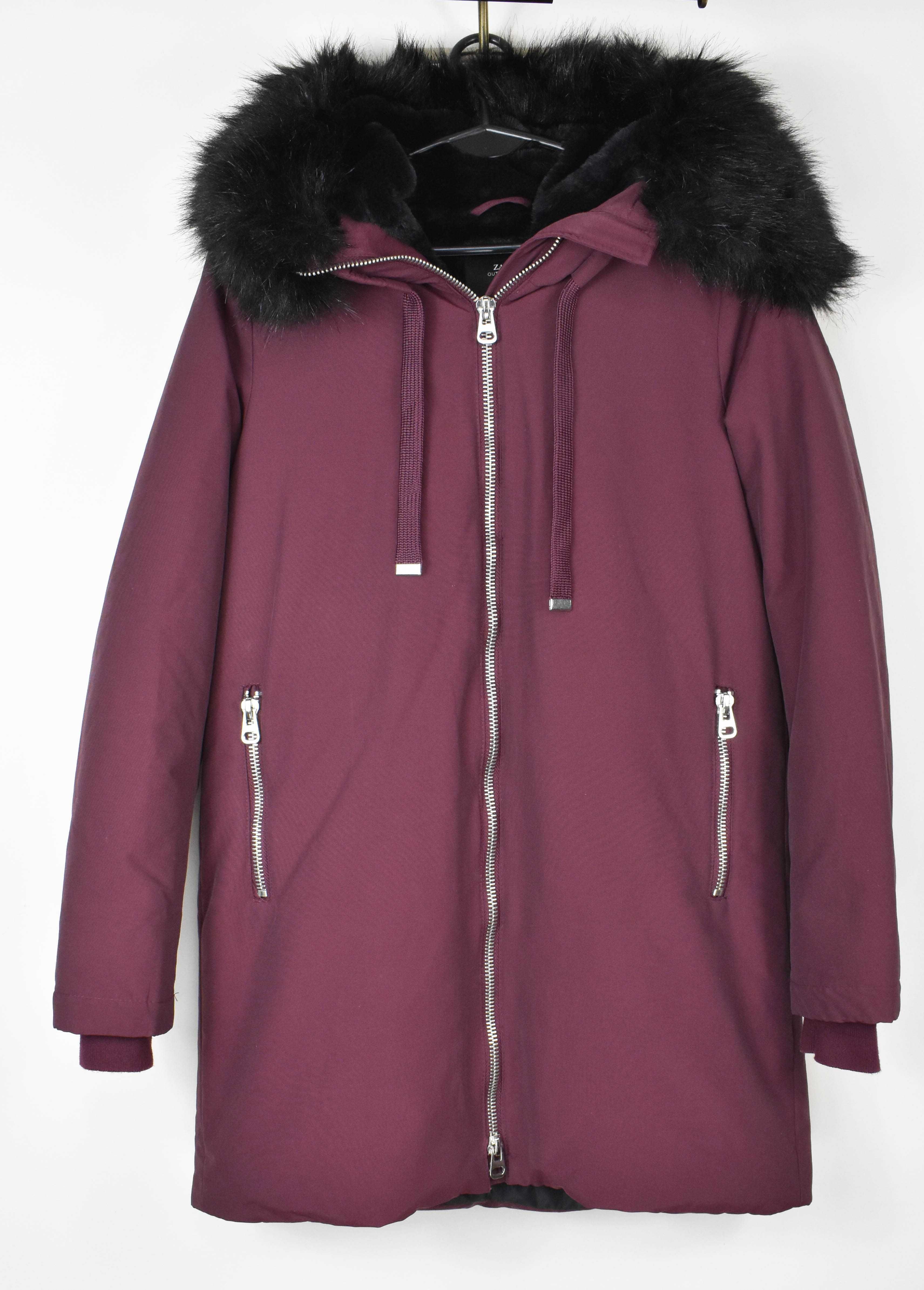 Zara bordowa kurtka parka kaptur futro XS