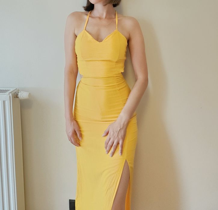 Żółta musztardowa letnia midi długa podpasowana sukienka M