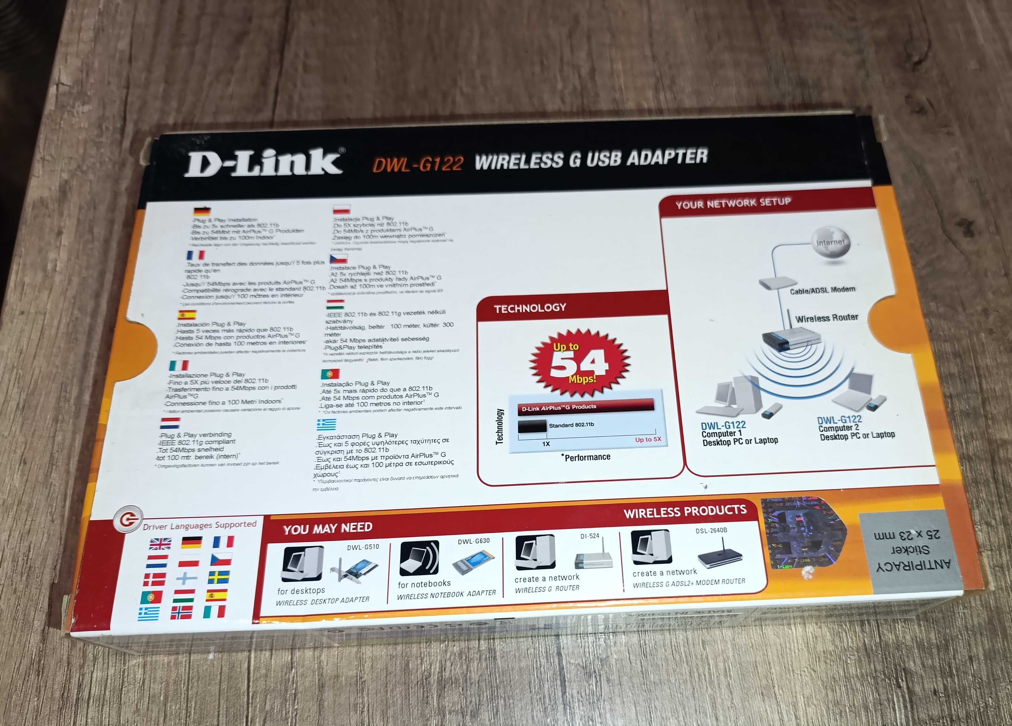 D-Link Adaptador USB - 54Mbps Wireless DWL-G122 com suporte - Novo