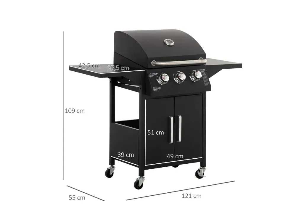 Barbecue a Gás com 3 Queimadores, Termómetro, Armazenamento e Rodas