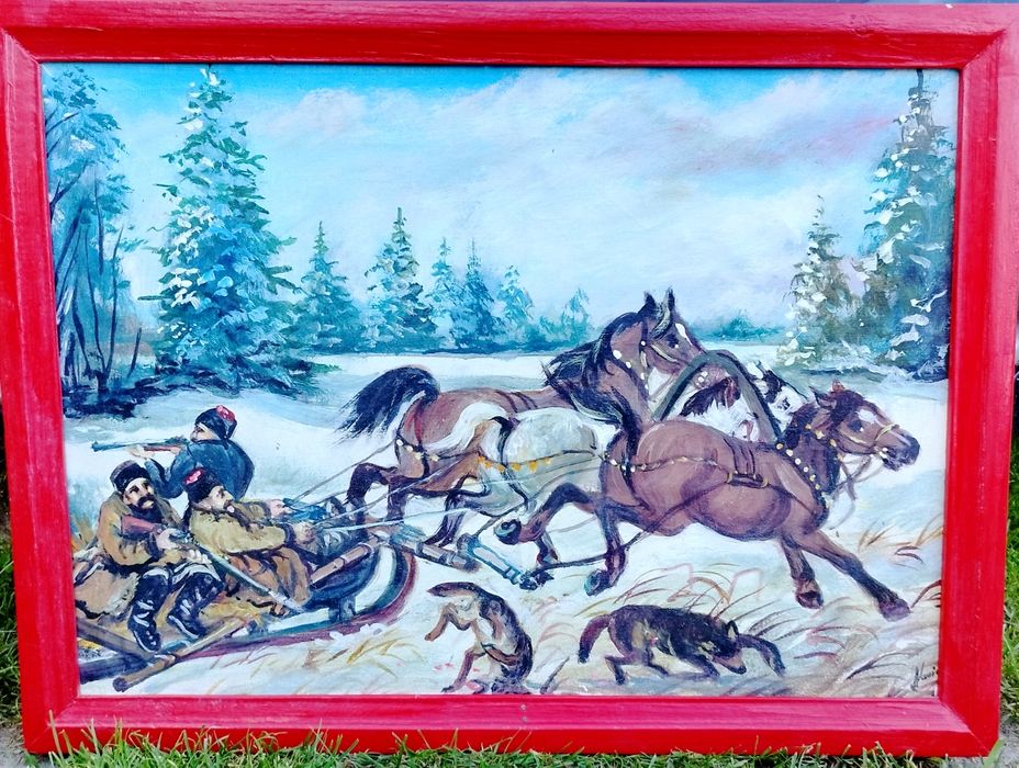 Obraz zimowa scena z końmi i saniami, vintage