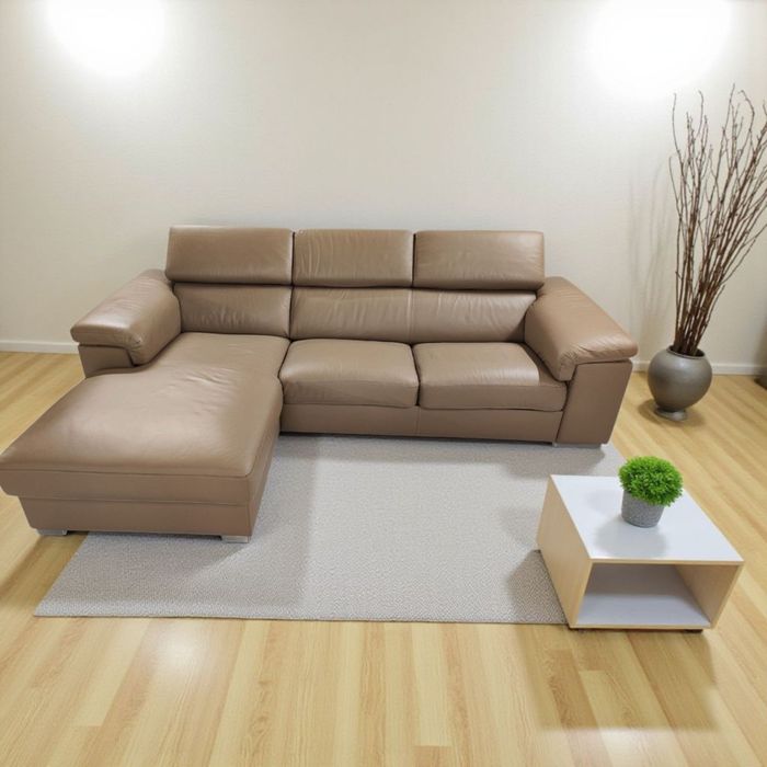 Кутовий шкіряний розкладний диван світло-коричневого кольору. Німеччин