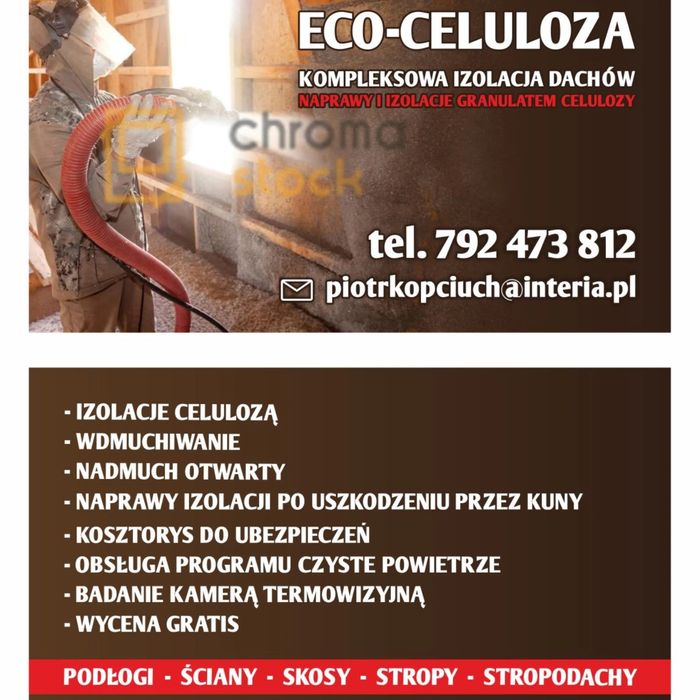 Naprawa uszkodzonych izolacji, docieplanie celulozą i wełną.