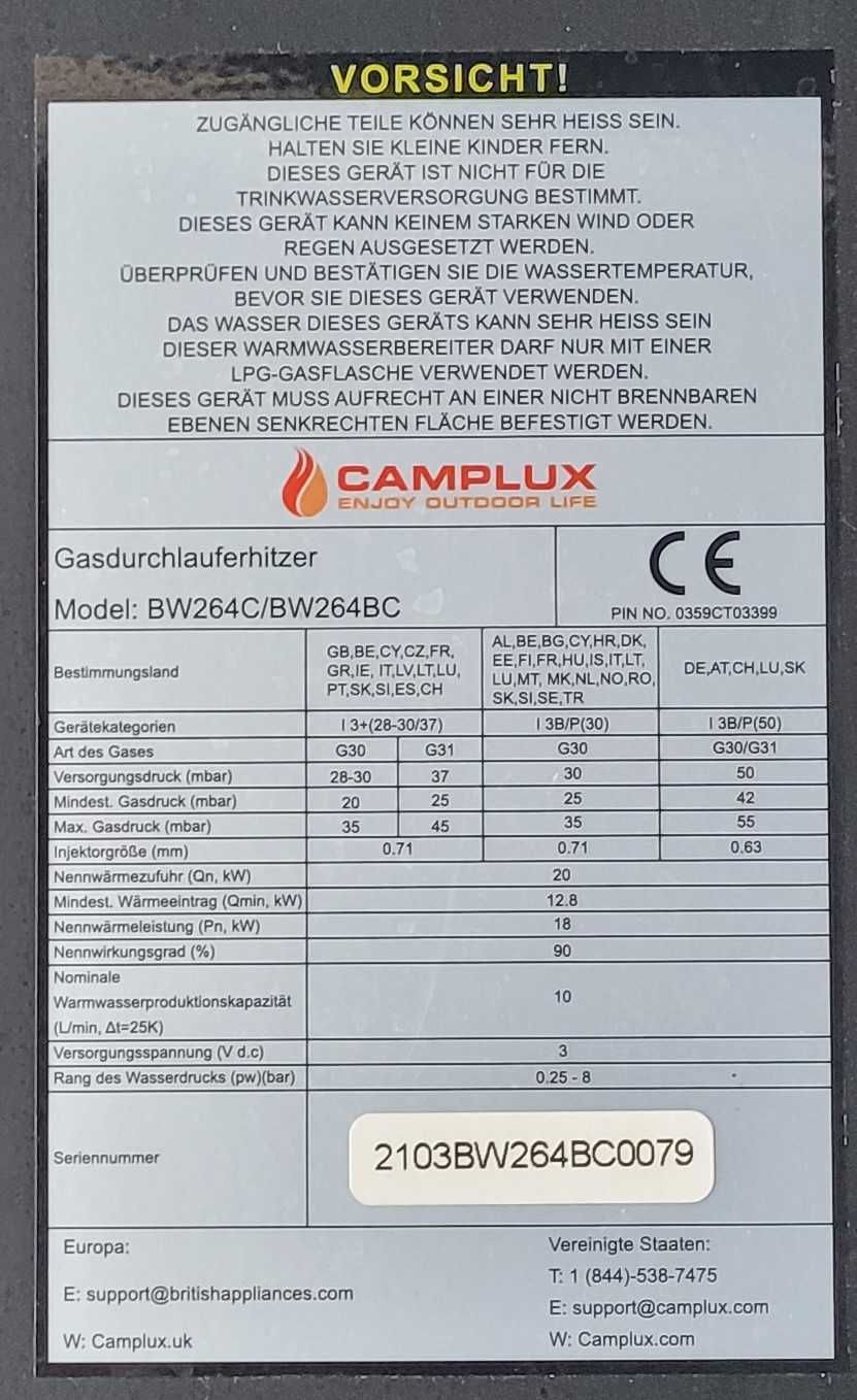 Gazowy podgrzewacz przepływowy Camplux BW264BC zewnętrzny, przenośny