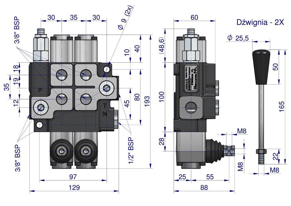 Rozdzielacz hydrauliczny 2-sekcyjny max przepływ 40L  Waryński
