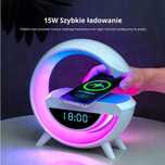 LAMPKA LED RGB Ładowarka INDUKCYJNA QI Głośnik budzik Radioi Zegar uSB