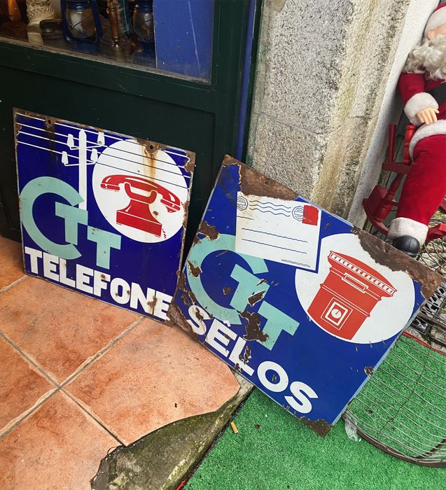 Placa esmaltada CTT Telefone e selos